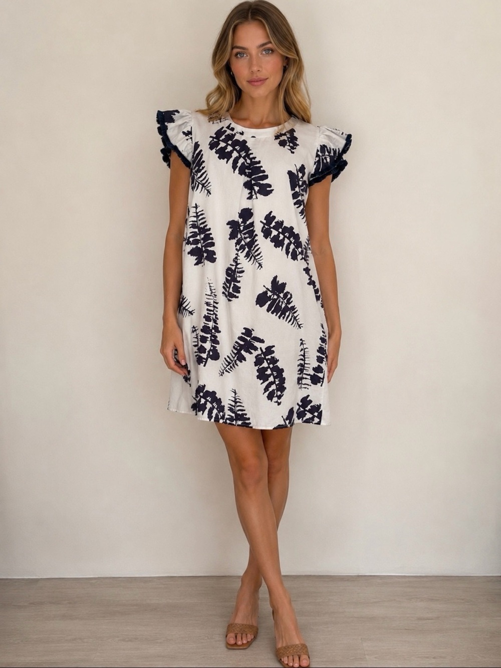 Persifor Ruffle Sleeve Leaf Print Mini Dress - Navy & White